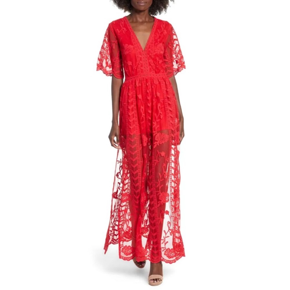 Socialite Red Lace Overlay Romper Maxi Dress Women's Small "Red Lipstick"